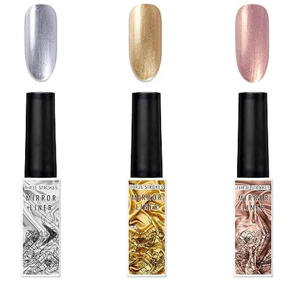GV345 THR3E STROKES Metallic Gel Nail Polish - 3D Gold Silver Art Painting Liner for Home Salon Design (Need UV Light) (Set of 3)