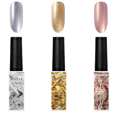 GV345 THR3E STROKES Metallic Gel Nail Polish - 3D Gold Silver Art Painting Liner for Home Salon Design (Need UV Light) (Set of 3)