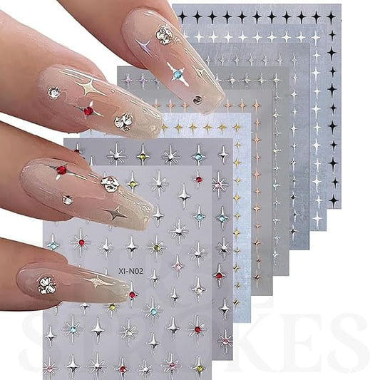 GV347 THR3E STROKES 8 Sheets Star Nail Art Stickers - 3D Glitter Shiny Self-Adhesive Decals - Gold, Silver, White, Black Stars for Women Manicure Decorations (D26)