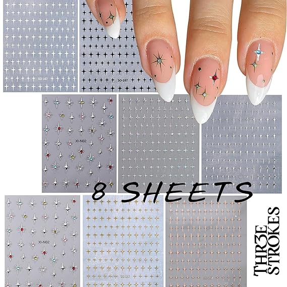 GV347 THR3E STROKES 8 Sheets Star Nail Art Stickers - 3D Glitter Shiny Self-Adhesive Decals - Gold, Silver, White, Black Stars for Women Manicure Decorations (D26)
