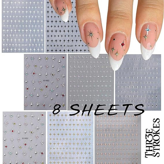 GV347 THR3E STROKES 8 Sheets Star Nail Art Stickers - 3D Glitter Shiny Self-Adhesive Decals - Gold, Silver, White, Black Stars for Women Manicure Decorations (D26)