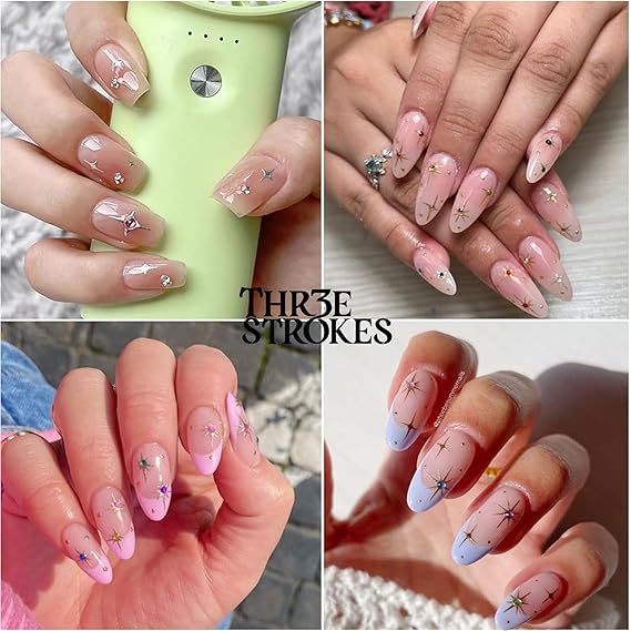 GV347 THR3E STROKES 8 Sheets Star Nail Art Stickers - 3D Glitter Shiny Self-Adhesive Decals - Gold, Silver, White, Black Stars for Women Manicure Decorations (D26)