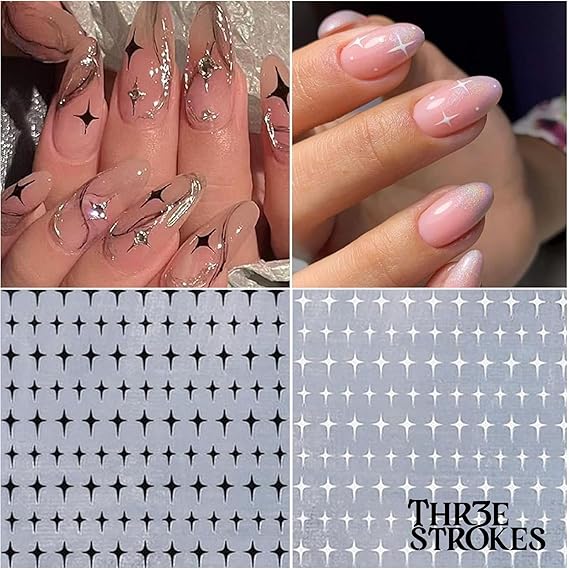 GV347 THR3E STROKES 8 Sheets Star Nail Art Stickers - 3D Glitter Shiny Self-Adhesive Decals - Gold, Silver, White, Black Stars for Women Manicure Decorations (D26)