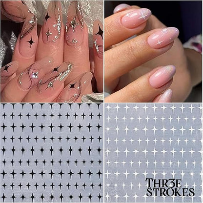 GV347 THR3E STROKES 8 Sheets Star Nail Art Stickers - 3D Glitter Shiny Self-Adhesive Decals - Gold, Silver, White, Black Stars for Women Manicure Decorations (D26)