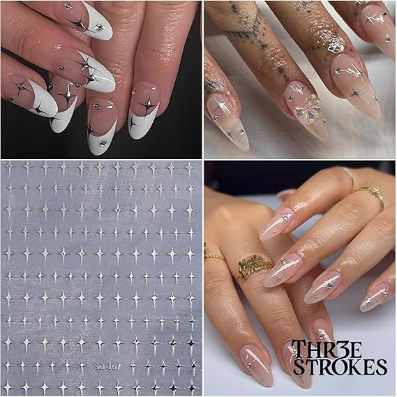 GV347 THR3E STROKES 8 Sheets Star Nail Art Stickers - 3D Glitter Shiny Self-Adhesive Decals - Gold, Silver, White, Black Stars for Women Manicure Decorations (D26)