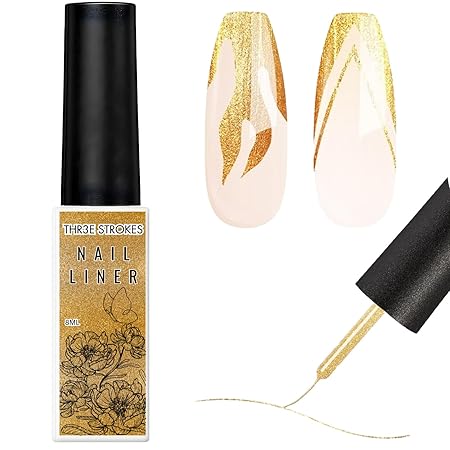 GV349 THR3E STROKES Golden Reflective Glitter Gel Polish Set for Swirl Shiny Nail Art With Brush (Gold)