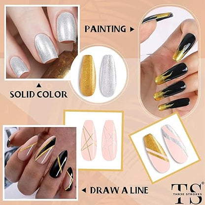 GV349 THR3E STROKES Golden Reflective Glitter Gel Polish Set for Swirl Shiny Nail Art With Brush (Gold)