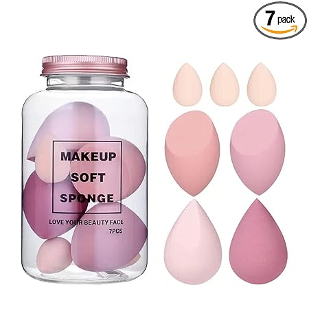 GV352 THR3E STROKES Makeup Sponge Set Beauty Blender with Egg Case, Soft Sponge For Liquid Foundation, Creams, and Powders, Latex Free Wet and Dry Makeup ( 4 Big + 3 Mini-7 Pcs set) (MULTICOLOUR,ASSORTED COLOUR) With Plastic Jar