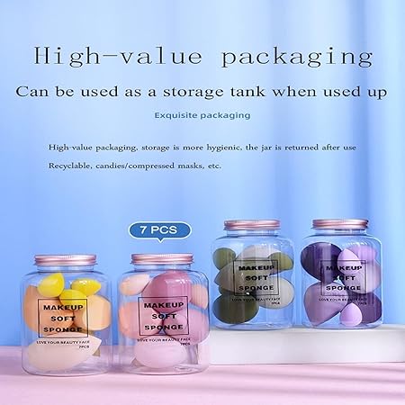 GV352 THR3E STROKES Makeup Sponge Set Beauty Blender with Egg Case, Soft Sponge For Liquid Foundation, Creams, and Powders, Latex Free Wet and Dry Makeup ( 4 Big + 3 Mini-7 Pcs set) (MULTICOLOUR,ASSORTED COLOUR) With Plastic Jar