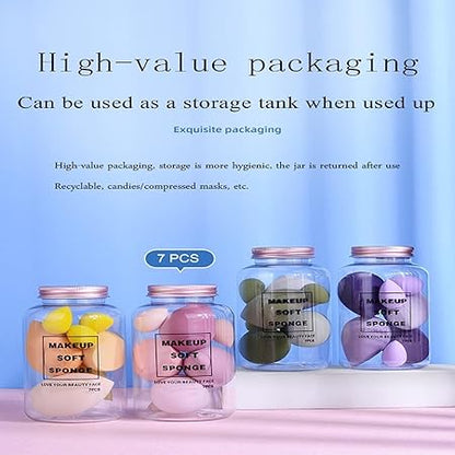 GV352 THR3E STROKES Makeup Sponge Set Beauty Blender with Egg Case, Soft Sponge For Liquid Foundation, Creams, and Powders, Latex Free Wet and Dry Makeup ( 4 Big + 3 Mini-7 Pcs set) (MULTICOLOUR,ASSORTED COLOUR) With Plastic Jar