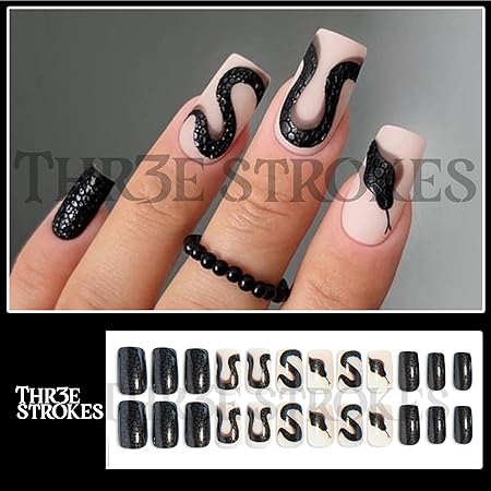 GV355 THR3E STROKES Press-On Nails,Fake Nails Manicure set Salon look Nails Includes 24Nails, 1sheet gluetabs,1 Alcohol wipe,1 Manicure Stick, 1 Mini file. (PN-2)