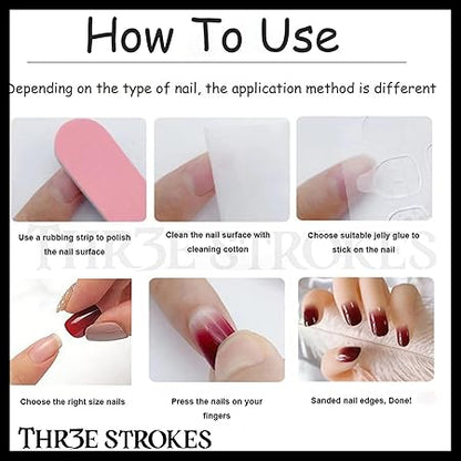 GV355 THR3E STROKES Press-On Nails,Fake Nails Manicure set Salon look Nails Includes 24Nails, 1sheet gluetabs,1 Alcohol wipe,1 Manicure Stick, 1 Mini file. (PN-2)