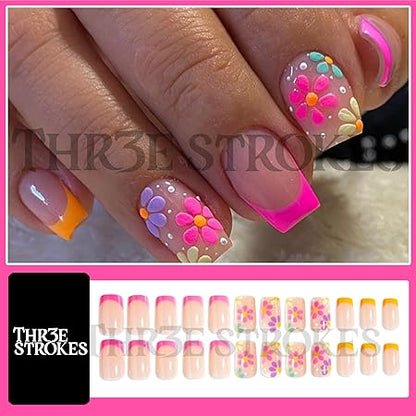 GV358 THR3E STROKES Press-On Nails,Fake Nails Manicure set Salon look Nails Includes 24Nails, 1sheet gluetabs,1 Alcohol wipe,1 Manicure Stick, 1 Mini file. (PN-7)