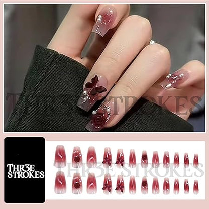 GV360 THR3E STROKES Press-On Nails,Fake Nails Manicure set Salon look Nails Includes 24Nails, 1sheet gluetabs,1 Alcohol wipe,1 Manicure Stick, 1 Mini file. (PN-9)