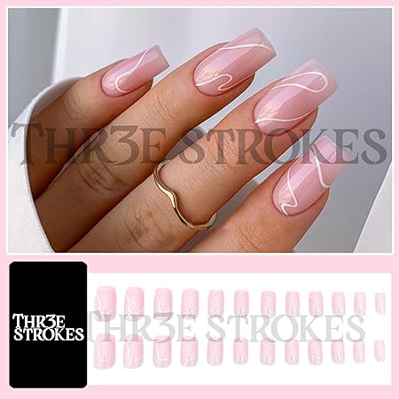 GV362 THR3E STROKES Press-On Nails,Fake Nails Manicure set Salon look Nails Includes 24Nails, 1sheet gluetabs,1 Alcohol wipe,1 Manicure Stick, 1 Mini file. (PN-12)
