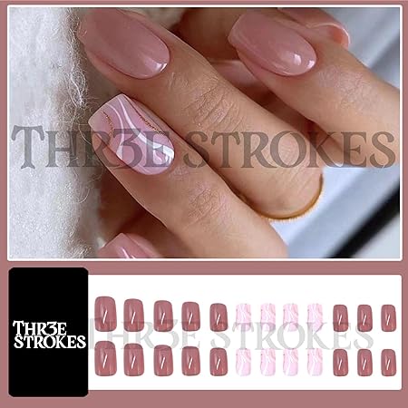 GV363 THR3E STROKES Press-On Nails,Fake Nails Manicure set Salon look Nails Includes 24Nails, 1sheet gluetabs,1 Alcohol wipe,1 Manicure Stick, 1 Mini file. (PN-13)