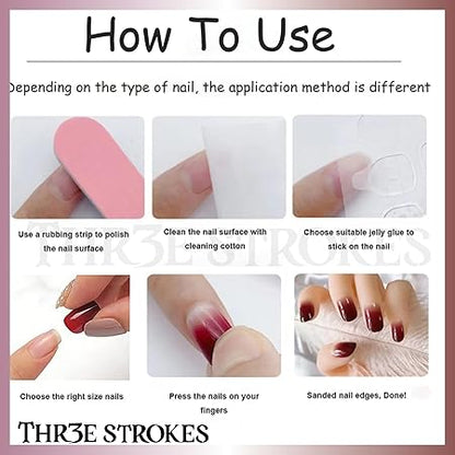 GV363 THR3E STROKES Press-On Nails,Fake Nails Manicure set Salon look Nails Includes 24Nails, 1sheet gluetabs,1 Alcohol wipe,1 Manicure Stick, 1 Mini file. (PN-13)