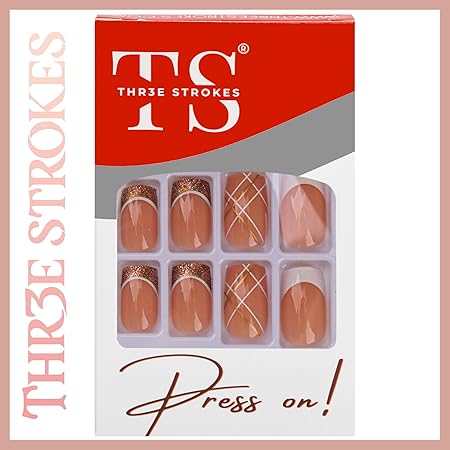 GV364 THR3E STROKES Press-On Nails,FakeNails Manicure set Salon look Nails Includes 24Nails, 1sheet gluetabs,1 Alcohol wipe,1 Manicure Stick, 1 Mini file. (PN-14)