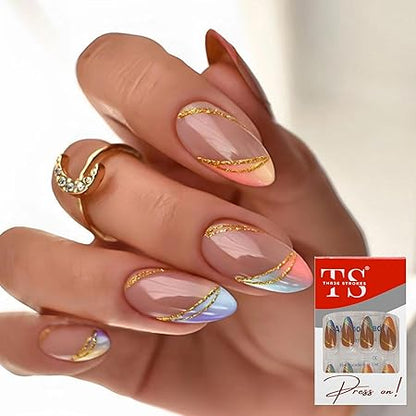GV367 THR3E STROKES Press-On Nails,Fake Nails Manicure set Salon look Nails Includes 24Nails, 1sheet gluetabs,1 Alcohol wipe,1 Manicure Stick, 1 Mini file. (PN-18)