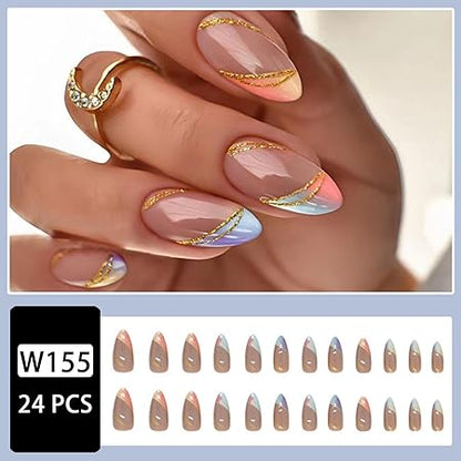GV367 THR3E STROKES Press-On Nails,Fake Nails Manicure set Salon look Nails Includes 24Nails, 1sheet gluetabs,1 Alcohol wipe,1 Manicure Stick, 1 Mini file. (PN-18)