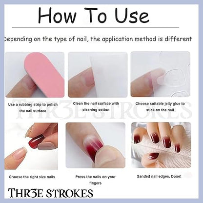 GV367 THR3E STROKES Press-On Nails,Fake Nails Manicure set Salon look Nails Includes 24Nails, 1sheet gluetabs,1 Alcohol wipe,1 Manicure Stick, 1 Mini file. (PN-18)