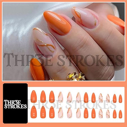 GV368 THR3E STROKES Press-On Nails,Fake Nails Manicure set Salon look Nails Includes 24Nails, 1sheet gluetabs,1 Alcohol wipe,1 Manicure Stick, 1 Mini file. (PN-19)
