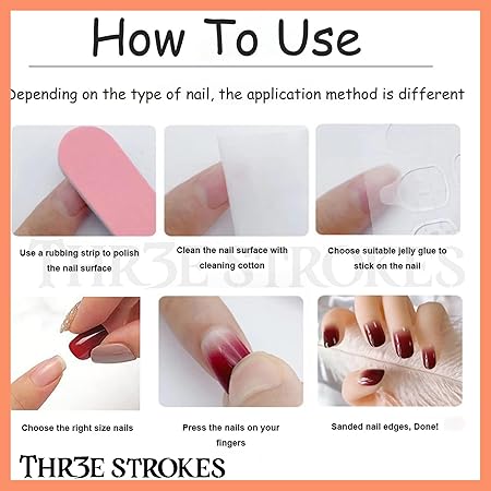 GV368 THR3E STROKES Press-On Nails,Fake Nails Manicure set Salon look Nails Includes 24Nails, 1sheet gluetabs,1 Alcohol wipe,1 Manicure Stick, 1 Mini file. (PN-19)