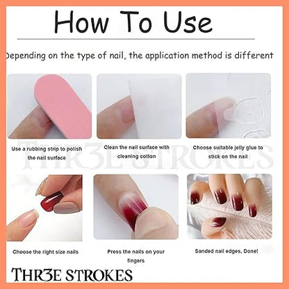 GV368 THR3E STROKES Press-On Nails,Fake Nails Manicure set Salon look Nails Includes 24Nails, 1sheet gluetabs,1 Alcohol wipe,1 Manicure Stick, 1 Mini file. (PN-19)