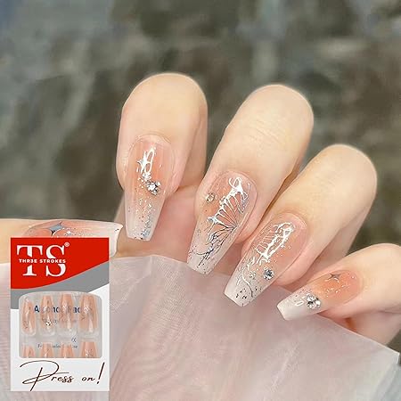 GV370 THR3E STROKES Press-On Nails,Fake Nails Manicure set Salon look Nails Includes 24Nails, 1sheet gluetabs,1 Alcohol wipe,1 Manicure Stick, 1 Mini file. (PN-21)