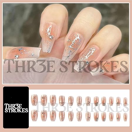 GV370 THR3E STROKES Press-On Nails,Fake Nails Manicure set Salon look Nails Includes 24Nails, 1sheet gluetabs,1 Alcohol wipe,1 Manicure Stick, 1 Mini file. (PN-21)