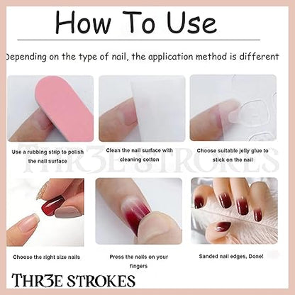 GV370 THR3E STROKES Press-On Nails,Fake Nails Manicure set Salon look Nails Includes 24Nails, 1sheet gluetabs,1 Alcohol wipe,1 Manicure Stick, 1 Mini file. (PN-21)