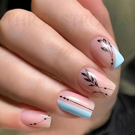 GV371 THR3E STROKES Press-On Nails,Fake Nails Manicure set Salon look Nails Includes 24Nails, 1sheet gluetabs,1 Alcohol wipe,1 Manicure Stick, 1 Mini file. (PN-22)