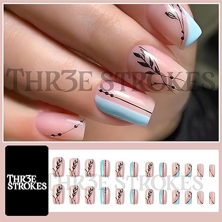 GV371 THR3E STROKES Press-On Nails,Fake Nails Manicure set Salon look Nails Includes 24Nails, 1sheet gluetabs,1 Alcohol wipe,1 Manicure Stick, 1 Mini file. (PN-22)