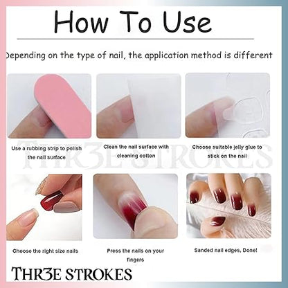 GV371 THR3E STROKES Press-On Nails,Fake Nails Manicure set Salon look Nails Includes 24Nails, 1sheet gluetabs,1 Alcohol wipe,1 Manicure Stick, 1 Mini file. (PN-22)