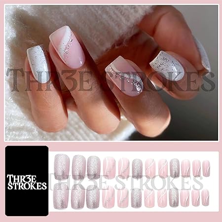 GV372 THR3E STROKES Press-On Nails,Fake Nails Manicure set Salon look Nails Includes 24Nails, 1sheet gluetabs,1 Alcohol wipe,1 Manicure Stick, 1 Mini file. (PN-23)