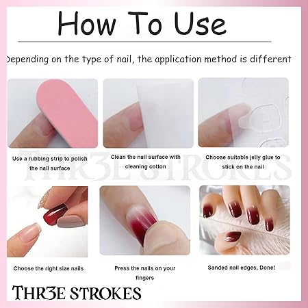 GV372 THR3E STROKES Press-On Nails,Fake Nails Manicure set Salon look Nails Includes 24Nails, 1sheet gluetabs,1 Alcohol wipe,1 Manicure Stick, 1 Mini file. (PN-23)