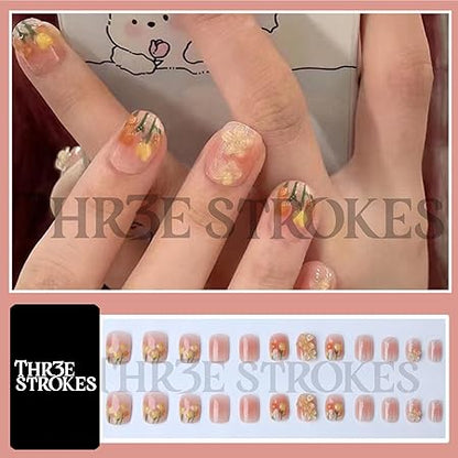 GV373 THR3E STROKES Press-On Nails, Fake Nails Manicure set Salon look Nails Includes 24Nails, 1sheet gluetabs,1 Alcohol wipe,1 Manicure Stick, 1 Mini file. (PN-24)