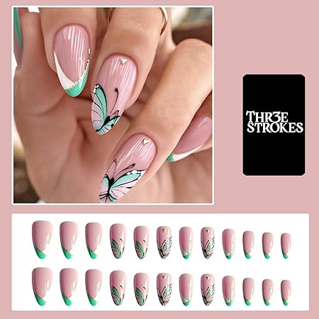 GV376 THR3E STROKES Press-On Nails,Fake Nails Manicure set Salon look Nails Includes 24Nails, 1sheet gluetabs,1 Alcohol wipe,1 Manicure Stick, 1 Mini file. (PN-28)