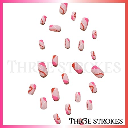 GV377 THR3E STROKES Press-On Nails,Fake Nails Manicure set Salon look Nails Includes 24Nails, 1sheet gluetabs,1 Alcohol wipe,1 Manicure Stick, 1 Mini file. (PN-30)