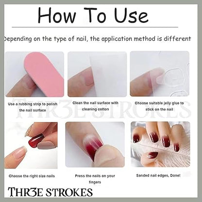 GV379 THR3E STROKES Press-On Nails, Fake Nails Manicure set Salon look Nails Includes 24Nails, 1sheet gluetabs,1 Alcohol wipe,1 Manicure Stick, 1 Mini file. (PN-39)