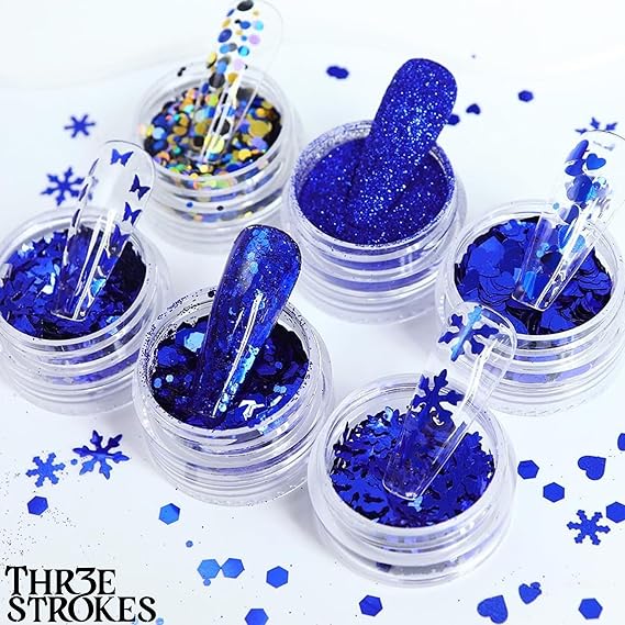 GV380 THR3E STROKES Christmas Nail Art Glitters Blue Nail Sequins, Winter Blue Snowflake Nail Glitter Kit, Mixed Butterfly Heart Nail Glitter Flakes DIY Nail Art Decoration Supplies for Women Manicure (6 Jars) (D45)