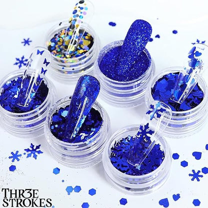 GV380 THR3E STROKES Christmas Nail Art Glitters Blue Nail Sequins, Winter Blue Snowflake Nail Glitter Kit, Mixed Butterfly Heart Nail Glitter Flakes DIY Nail Art Decoration Supplies for Women Manicure (6 Jars) (D45)