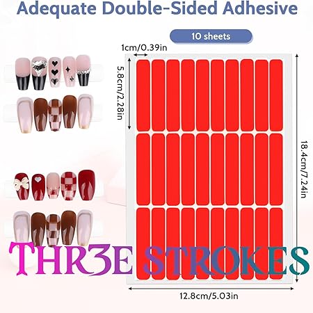 GV384 THR3E STROKES RED 10 Sheets Double Sided Tape for Nails Display Double Sided Tape Double Sided Tape for Press on Nails Adhesive Clear Mounting Tape for Nail Packaging Nail Design Salon Supplies Colors Designs Showcase
