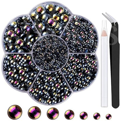 GV385 THR3E STROKES Nail Art Flat Back Half Round Pearl Kits 15, 1 Box of 6000 Pcs Flat-Back Black AB Pearl with Tweezer and Picker Pencil for Home DIY Nails Body Face Craft and Salon Use (D60)