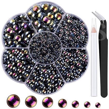 GV385 THR3E STROKES Nail Art Flat Back Half Round Pearl Kits 15, 1 Box of 6000 Pcs Flat-Back Black AB Pearl with Tweezer and Picker Pencil for Home DIY Nails Body Face Craft and Salon Use (D60)
