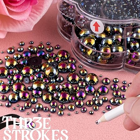GV385 THR3E STROKES Nail Art Flat Back Half Round Pearl Kits 15, 1 Box of 6000 Pcs Flat-Back Black AB Pearl with Tweezer and Picker Pencil for Home DIY Nails Body Face Craft and Salon Use (D60)