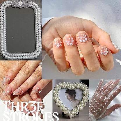GV385 THR3E STROKES Nail Art Flat Back Half Round Pearl Kits 15, 1 Box of 6000 Pcs Flat-Back Black AB Pearl with Tweezer and Picker Pencil for Home DIY Nails Body Face Craft and Salon Use (D60)