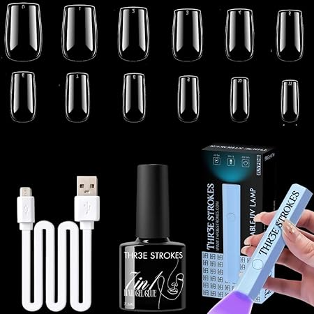 GV387 THR3E STROKES Gel Nail Kit Easy Nail Extension Set With 100Pcs Shaped Tips 6 in 1 Nail Glue Base Gel and Innovative Led Lamp Easy Funny Diy Nail Tips Art Decoration at Home Gift for Women (GEL X KIT (N3))