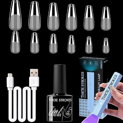 GV388 THR3E STROKES Gel Nail Kit Easy Nail Extension Set With 100Pcs Shaped Tips 6 in 1 Nail Glue Base Gel and Innovative Led Lamp Easy Funny Diy Nail Tips Art Decoration at Home Gift for Women (GEL X KIT (P6)