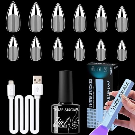 GV389 THR3E STROKES Gel Nail Kit Easy Nail Extension Set With 100Pcs Shaped Tips 6 in 1 Nail Glue Base Gel and Innovative Led Lamp Easy Funny Diy Nail Tips Art Decoration at Home Gift for Women (GEL X KIT (N20))